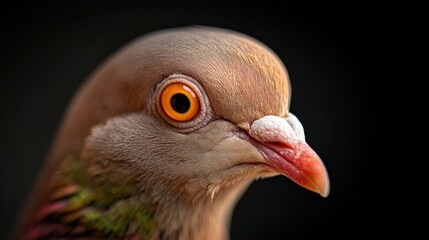 A stunning close-up portrait of a pigeon showcasing its captivating orange eye, smooth feathers, and distinctively shaped beak, revealing the beauty of urban wildlife.