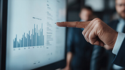 person is pointing at bar graph on digital screen during business meeting, indicating focus on data analysis and strategy. atmosphere is professional and collaborative