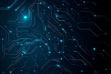 Abstract close-up of a glowing blue digital circuit board, showcasing intricate connections and technological design on a black background.
