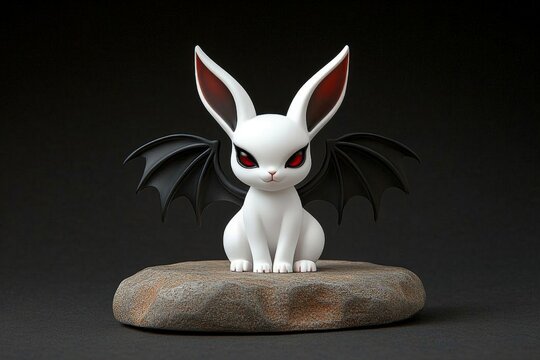 A pastel goth bunny figurine with tiny bat wings and a cute but eerie expression
