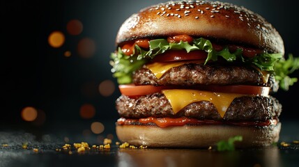 A deliciously stacked double cheeseburger featuring layers of meat, cheese, lettuce, tomatoes, and ketchup, showcasing the ultimate indulgence for burger enthusiasts.