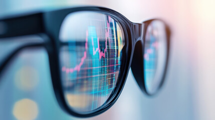 close up of glasses reflecting skyscrapers and financial graphs, symbolizing intersection of technology and finance. vibrant colors add dynamic feel