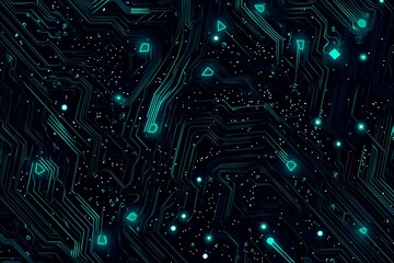 Abstract close-up of a glowing blue digital circuit board, showcasing intricate connections and technological design on a black background.
