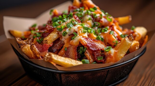 A mouth-watering basket of loaded fries topped with crispy bacon bits and fresh green onions, offering a delicious visual appeal, perfect for fast food and culinary enthusiasts.