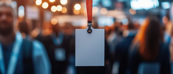 Event networking badge at business conference indoor venue professional environment close-up view