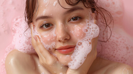 Relaxed Woman Enjoying Pink Bubble Facial
