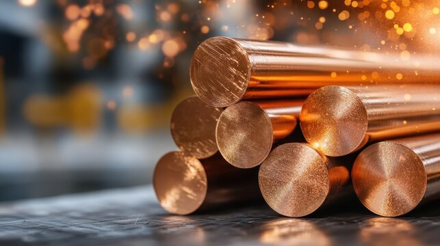 An industrial close-up of copper metal rods stacked tightly, with a dynamic display of sparks that adds energy, highlighting the material's texture and sheen.