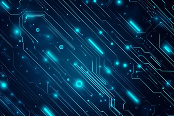 Abstract close-up of a glowing blue digital circuit board, showcasing intricate connections and technological design on a black background.
