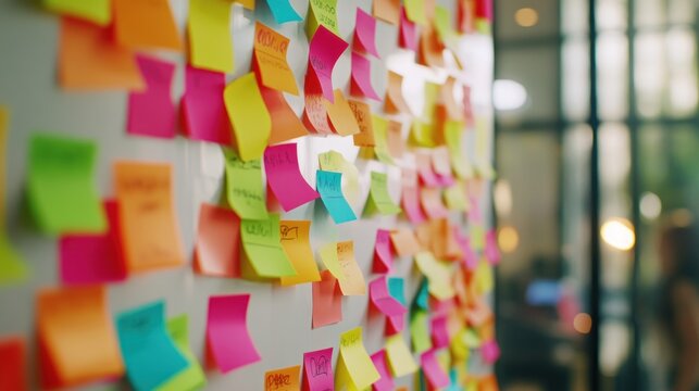 Colorful Sticky Notes on Whiteboard: Brainstorming Session