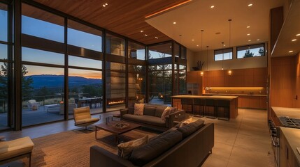 Fototapeta premium 68. Open living space with sunset light and ambient recessed lights creating a cozy blend