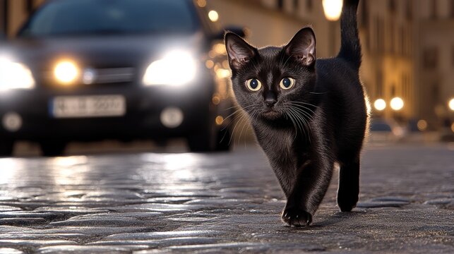 Black cat walks curiously on cobblestone streets of Tuscany at night, illuminated by streetlights and surrounded by charming town houses