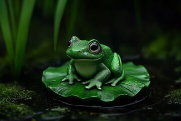 Obraz premium A pixelated kawaii-style frog figurine with blushing cheeks, sitting on a tiny animated lily pad