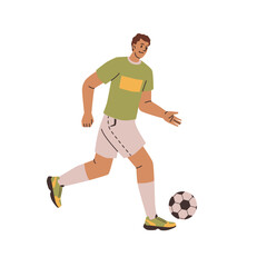 Sports and hobby activities, leisure fun. Vector isolated man in uniform playing football or soccer, running with ball. Professional goalkeeper getting ready for match or game on field with team