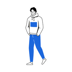 Walking man, isolated strolling smiling positive young male personage. Vector student wearing casual clothes holding hands in pockets. Wandering or hanging out guy, pedestrian or citizen