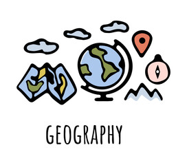 Geography lessons for school, college or university. Vector flat cartoon icons for students curriculum. Subject or discipline with knowledge about Earth, mapping and topography of planet