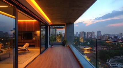111. Urban apartment with balcony daylight and warm interior lights mixing for a modern cozy vibe