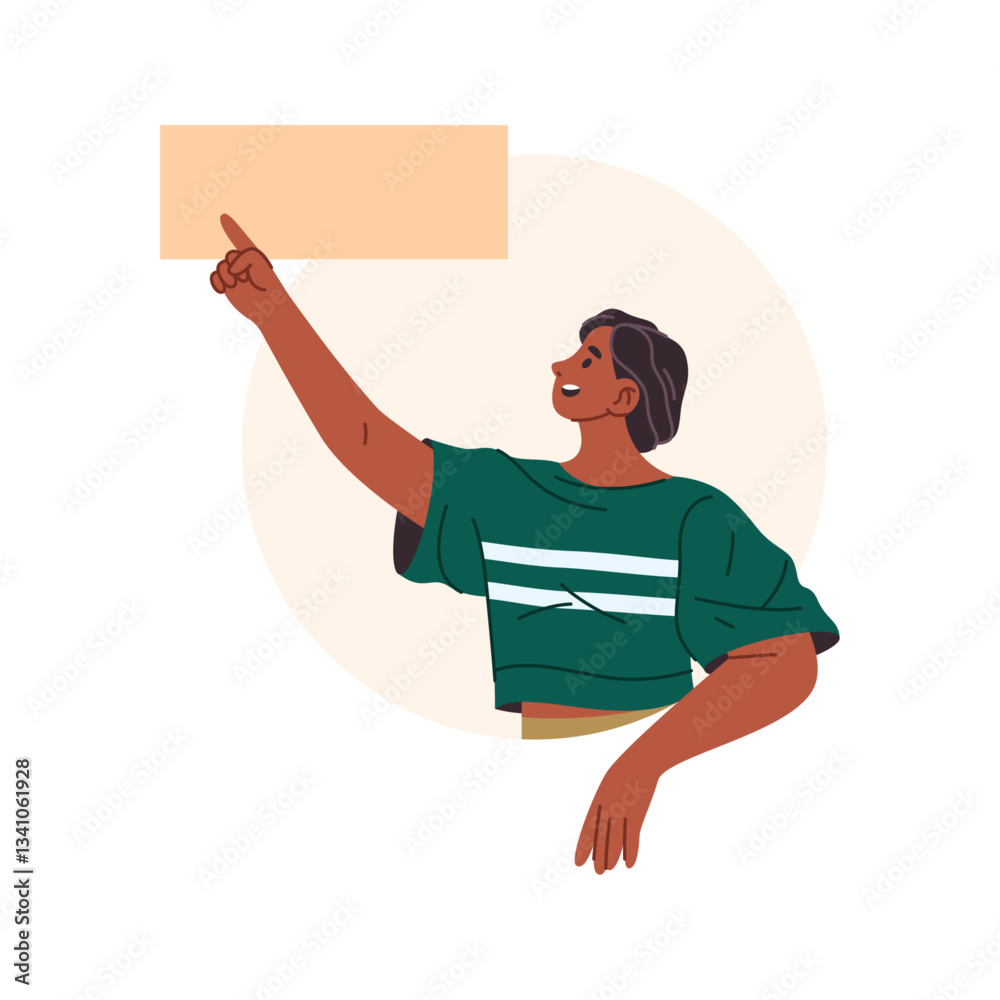 Poster female character pointing finger at empty banner. vector isolated smiling young woman giving advice,