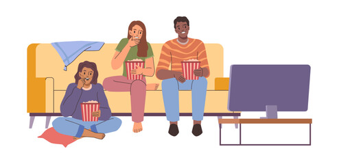 Man and women friends watching films or TV shows together. Vector isolated people sitting on couch, eating popcorn and talking. Weekend evening pastime and leisure, activities and fun rest