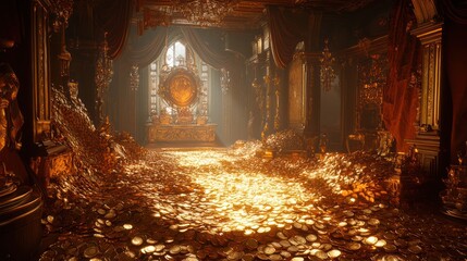 Gold coins path in ornate room, potential stock photo