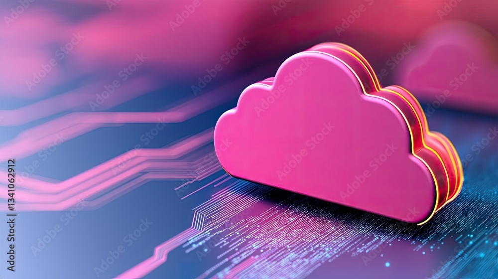 Aufkleber Cloud technology database and server backup storage concept. Stylized pink cloud icon over a digital circuit background representing cloud computing.
