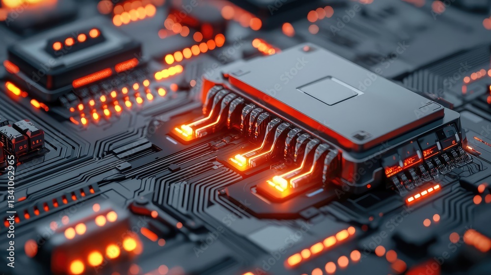 Aufkleber Cloud technology database and server backup storage concept. Close-up of a microchip on a circuit board with glowing elements.