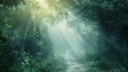 Fototapeta premium A path through a misty, green forest with sunbeams shining through the trees.