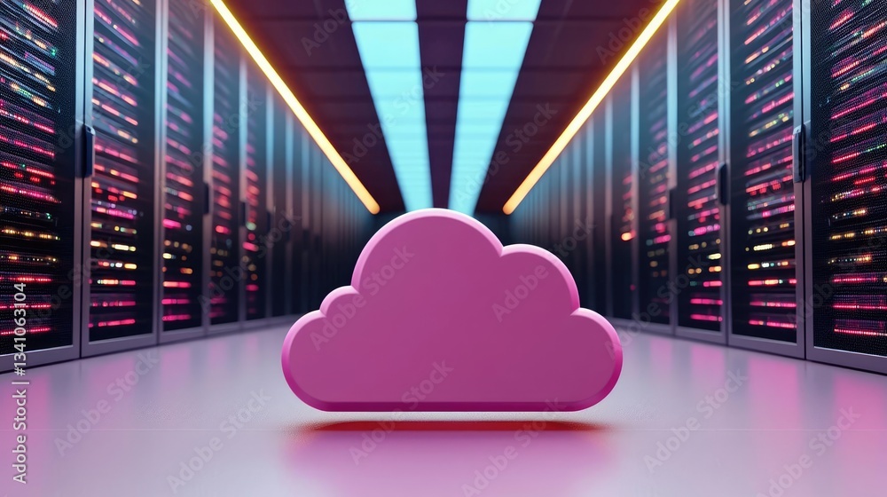 Poster Cloud technology database and server backup storage concept. Vibrant cloud icon in a modern data center representing digital innovation.