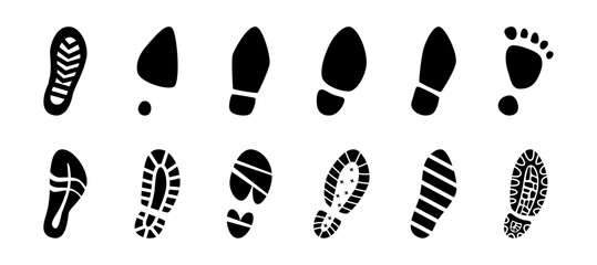 Human right leg footprints collection. Vector isolated male and female footmarks silhouettes. Shoes and footsteps icons of barefoot and stilettos, sneaker and boots footsteps. Men and women steps
