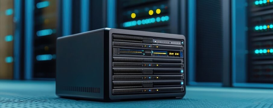 Cloud technology private and public storage server concept. A modern data server with multiple drives in a secure server room.