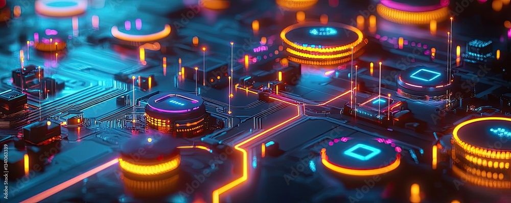 Aufkleber Cloud technology private and public storage server concept. Close-up of a vibrant circuit board with glowing components and intricate patterns.
