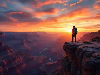 A backpacker standing on a cliff edge overlooking a vast canyon with a colorful sunset sky, in a dramatic, adventurous style