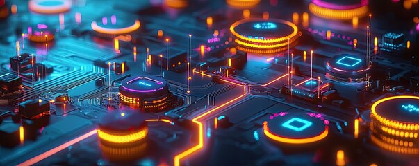 Cloud technology private and public storage server concept. Close-up of a vibrant circuit board with glowing components and intricate patterns.