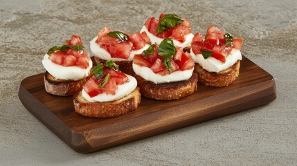 Delicious Bruschetta with Fresh Tomato and Basil on Wooden Board