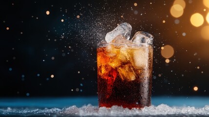 A beautifully styled glass of cola with ice, captured in a vibrant atmosphere with a bokeh background, evoking feelings of refreshment and relaxation during leisure moments.