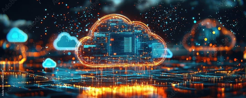 Aufkleber Cloud technology private and public storage server concept. Futuristic cloud computing concept with glowing data and digital elements.
