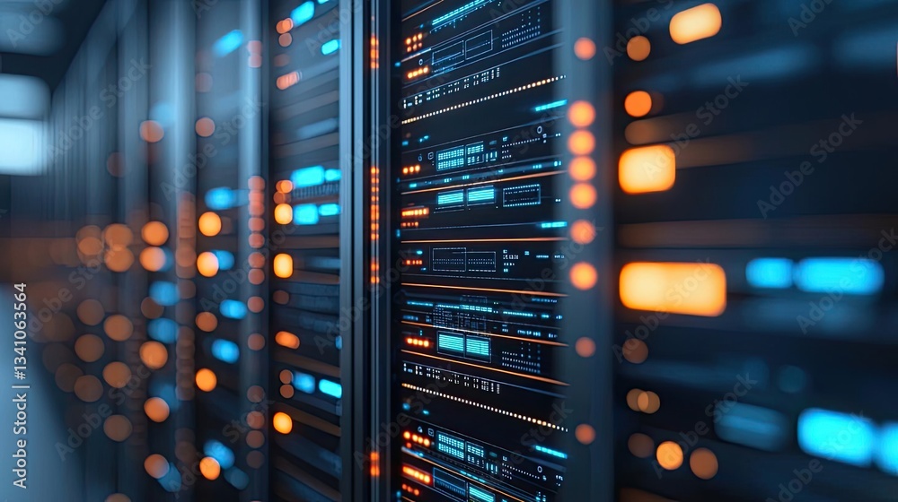 Poster Cloud technology database and server backup storage concept. Modern server room with illuminated racks showcasing advanced data storage.