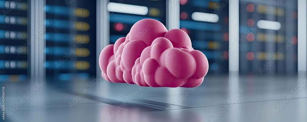 Poster Cloud technology database and server backup storage concept. A vibrant pink cloud floating in a futuristic server room, showcasing modern technology.
