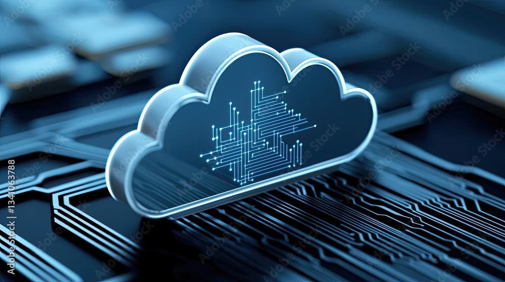 Poster Cloud technology private and public storage server concept. A futuristic cloud symbolizing digital storage on a circuit board background.