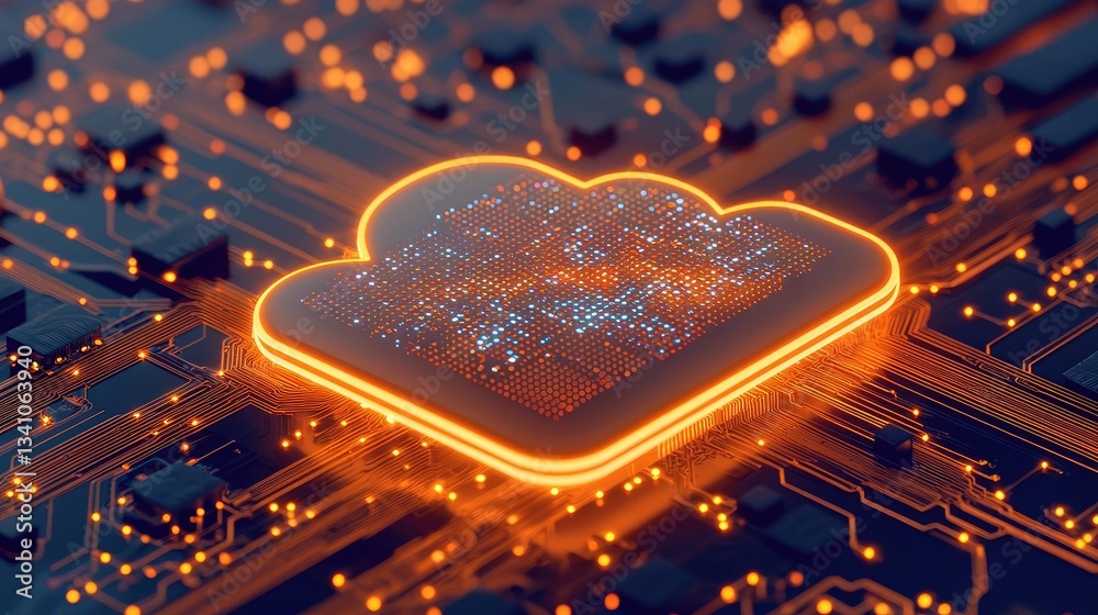 Poster Cloud technology in public and private server storage concept. Futuristic cloud symbol glowing over a circuit board, representing digital transformation.