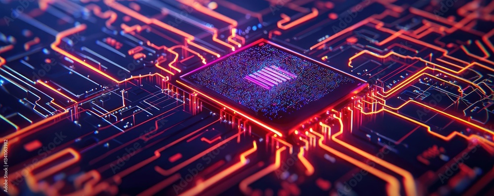 Aufkleber Cloud technology in public and private server storage concept. Close-up of a modern microchip on an intricate circuit board with vibrant lights.