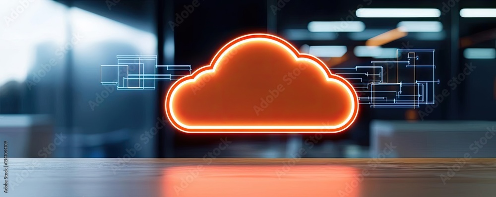 Poster Cloud technology database and server backup storage concept. A glowing orange cloud icon symbolizing digital storage and data management.