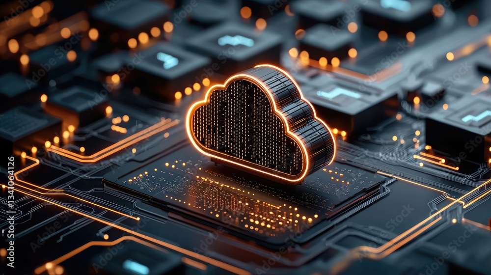Fototapete Cloud technology database and server backup storage concept. A vibrant digital cloud symbol on a circuit board, representing cloud computing technology.