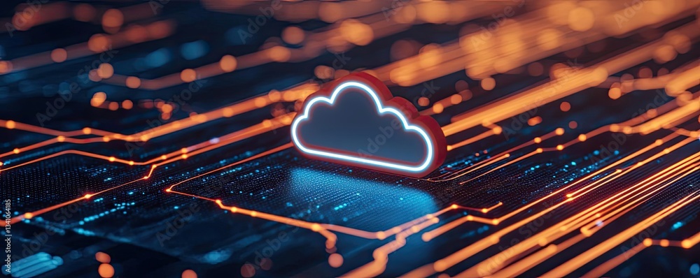Poster Cloud technology database and server backup storage concept. A digital cloud icon over a matrix of circuit patterns, symbolizing data storage.