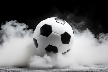 Fototapeta premium soccer ball flying on the field in smoke, dark background.