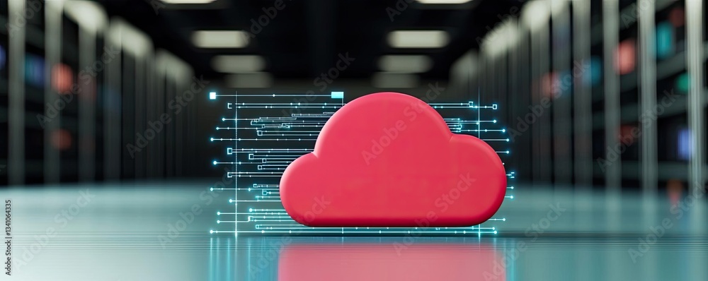 Poster Cloud technology in public and private server storage concept. A vibrant cloud icon symbolizes cloud computing in a digital environment.