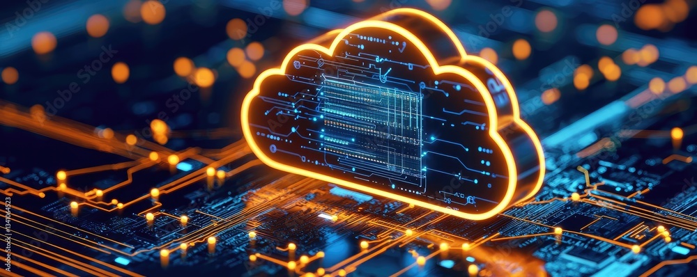 Poster Cloud technology private and public storage server concept. A glowing cloud icon symbolizes data storage and cloud computing technology.