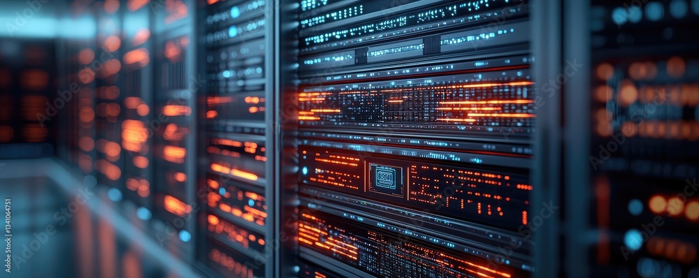 Aufkleber Cloud technology private and public storage server concept. Close-up view of modern server racks with illuminated indicators in a data center.