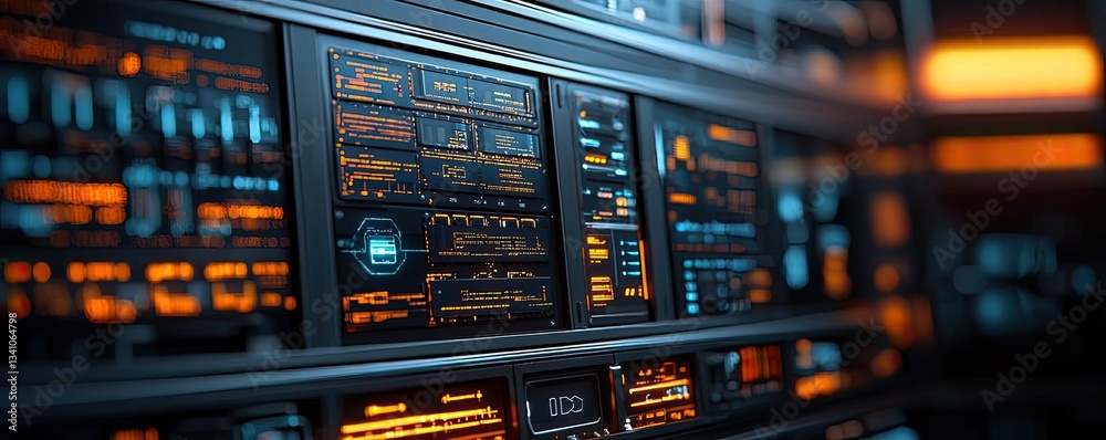 Poster Cloud technology private and public storage server concept. Futuristic control panel with glowing screens and buttons in a dark environment.