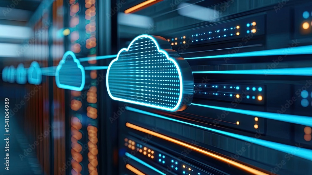 Poster Cloud technology in public and private server storage concept. Modern cloud computing technology represented with vibrant server details.