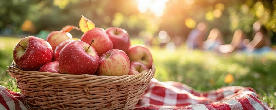 A basket of fresh apples sits on a picnic blanket in a sunlit park.
